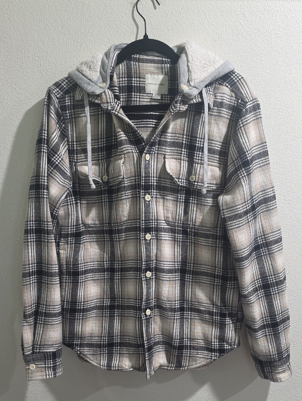 American Eagle Flannel Shacket With Detachable Sherpa Lined Hood